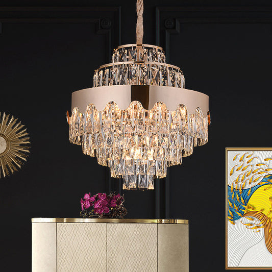 Crystal Rectangle Tiered Chandelier Modernism 7/12 Lights Dining Room Suspension Pendant in Gold Clearhalo 'Ceiling Lights' 'Chandeliers' Lighting' options 817458
