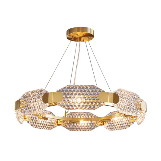 Prism Crystal Circular Chandelier Light Simple Style 6 Lights Bedroom Hanging Lamp Kit in Gold with Octangular Panel Clearhalo 'Ceiling Lights' 'Chandeliers' 'Modern Chandeliers' 'Modern' Lighting' 817489