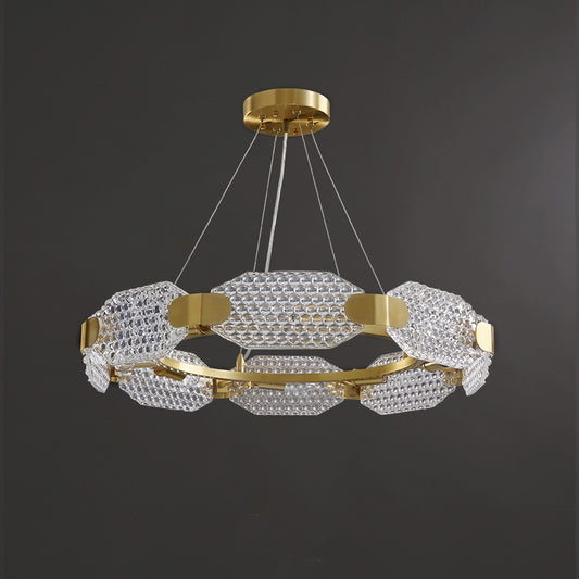Prism Crystal Circular Chandelier Light Simple Style 6 Lights Bedroom Hanging Lamp Kit in Gold with Octangular Panel Clearhalo 'Ceiling Lights' 'Chandeliers' 'Modern Chandeliers' 'Modern' Lighting' 817490