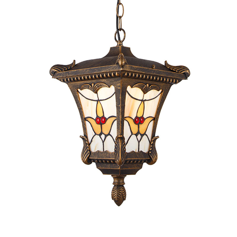 Metal Rust/Bronze Pendant Lamp Lantern 1-Head Traditional Ceiling Hang Fixture with Flower Pattern for Balcony Clearhalo 'Ceiling Lights' 'Glass shade' 'Glass' 'Pendant Lights' 'Pendants' Lighting' 817509