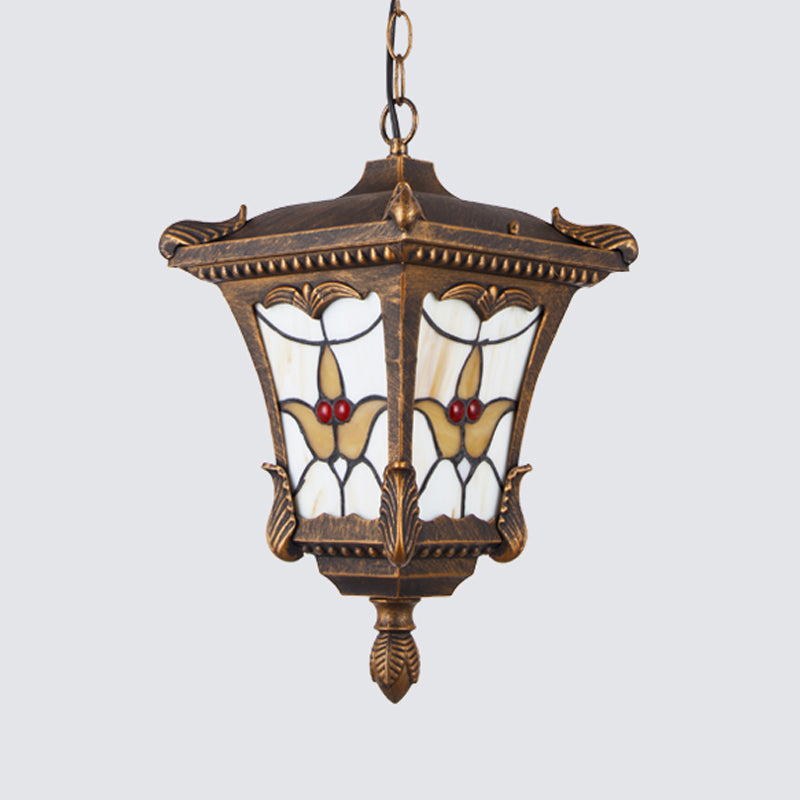 Metal Rust/Bronze Pendant Lamp Lantern 1-Head Traditional Ceiling Hang Fixture with Flower Pattern for Balcony Clearhalo 'Ceiling Lights' 'Glass shade' 'Glass' 'Pendant Lights' 'Pendants' Lighting' 817510