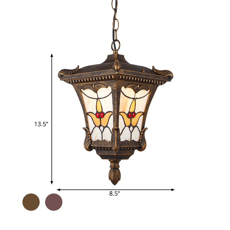 Metal Rust/Bronze Pendant Lamp Lantern 1-Head Traditional Ceiling Hang Fixture with Flower Pattern for Balcony Clearhalo 'Ceiling Lights' 'Glass shade' 'Glass' 'Pendant Lights' 'Pendants' Lighting' 817511