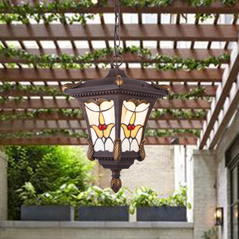 Metal Rust/Bronze Pendant Lamp Lantern 1-Head Traditional Ceiling Hang Fixture with Flower Pattern for Balcony Rust Clearhalo 'Ceiling Lights' 'Glass shade' 'Glass' 'Pendant Lights' 'Pendants' Lighting' 817512