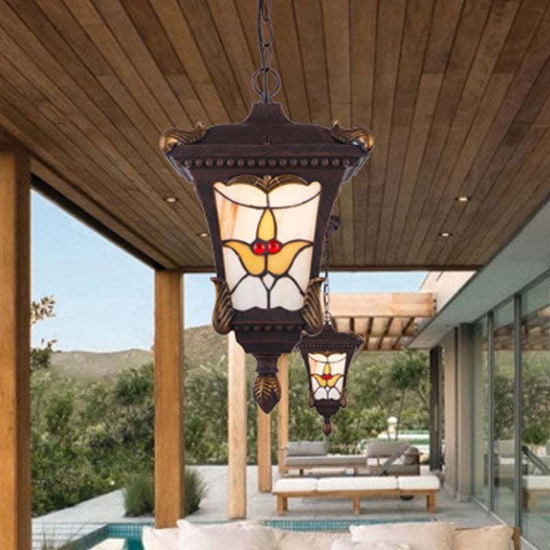 Metal Rust/Bronze Pendant Lamp Lantern 1-Head Traditional Ceiling Hang Fixture with Flower Pattern for Balcony Clearhalo 'Ceiling Lights' 'Glass shade' 'Glass' 'Pendant Lights' 'Pendants' Lighting' 817513