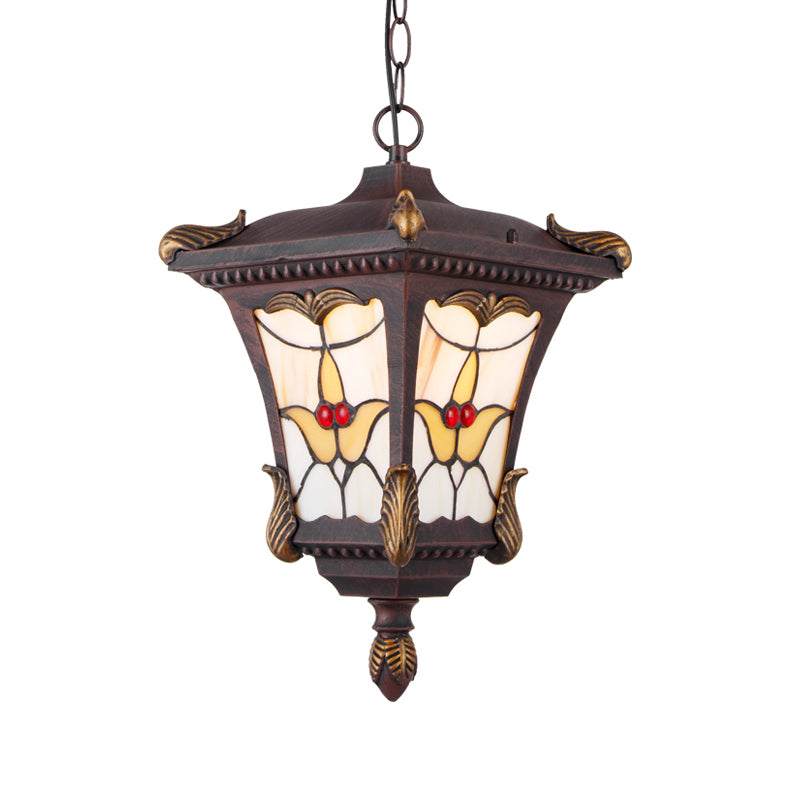 Metal Rust/Bronze Pendant Lamp Lantern 1-Head Traditional Ceiling Hang Fixture with Flower Pattern for Balcony Clearhalo 'Ceiling Lights' 'Glass shade' 'Glass' 'Pendant Lights' 'Pendants' Lighting' 817514