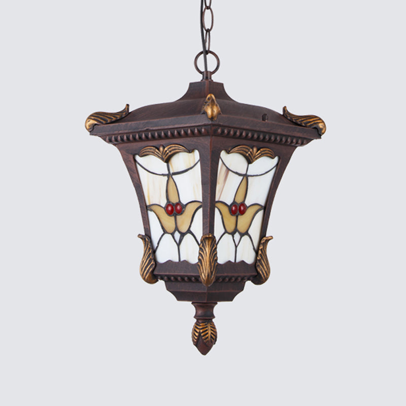 Metal Rust/Bronze Pendant Lamp Lantern 1-Head Traditional Ceiling Hang Fixture with Flower Pattern for Balcony Clearhalo 'Ceiling Lights' 'Glass shade' 'Glass' 'Pendant Lights' 'Pendants' Lighting' 817515