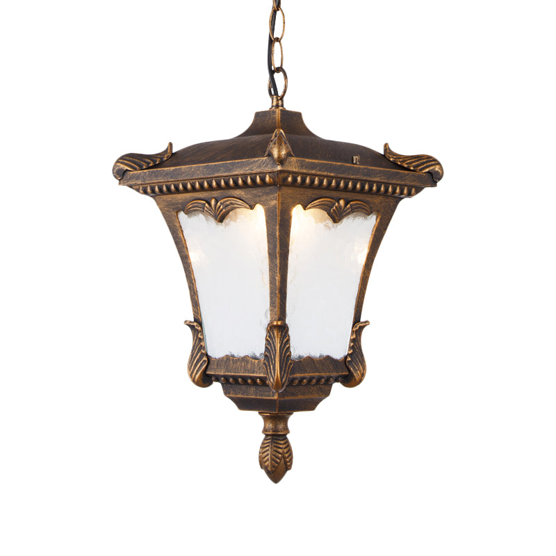 1 Bulb Suspension Light Lodge Patio Hanging Lamp Kit with Lantern Clear Ripple Glass Shade in Bronze/Rust Clearhalo 'Ceiling Lights' 'Glass shade' 'Glass' 'Pendant Lights' 'Pendants' Lighting' 817522