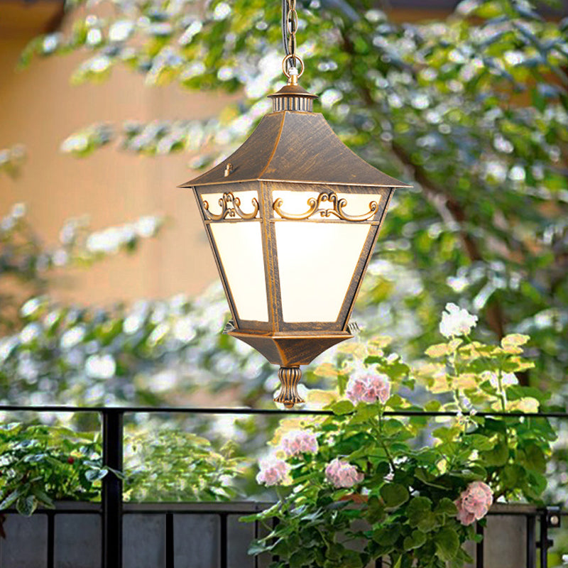 Black/Bronze 1 Bulb Drop Pendant Rustic White Glass Lantern Hanging Ceiling Light for Corridor Clearhalo 'Ceiling Lights' 'Glass shade' 'Glass' 'Pendant Lights' 'Pendants' Lighting' 817525