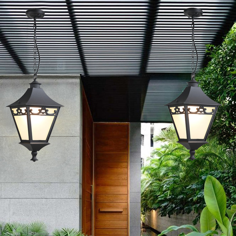 Black/Bronze 1 Bulb Drop Pendant Rustic White Glass Lantern Hanging Ceiling Light for Corridor Clearhalo 'Ceiling Lights' 'Glass shade' 'Glass' 'Pendant Lights' 'Pendants' Lighting' 817529