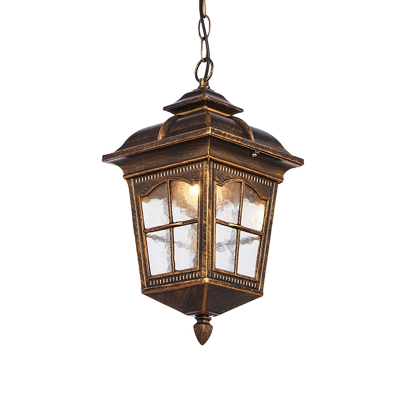 1-Light Clear Ripple Glass Drop Pendant Lodge Bronze Lantern Outdoor Hanging Fixture Clearhalo 'Ceiling Lights' 'Glass shade' 'Glass' 'Pendant Lights' 'Pendants' Lighting' 817533