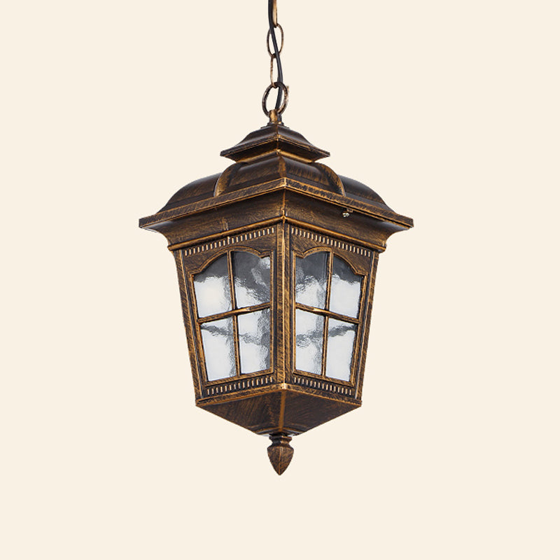 1-Light Clear Ripple Glass Drop Pendant Lodge Bronze Lantern Outdoor Hanging Fixture Clearhalo 'Ceiling Lights' 'Glass shade' 'Glass' 'Pendant Lights' 'Pendants' Lighting' 817534