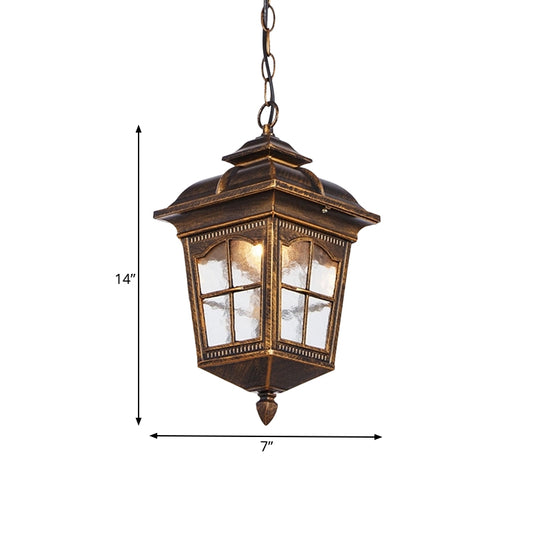 1-Light Clear Ripple Glass Drop Pendant Lodge Bronze Lantern Outdoor Hanging Fixture Clearhalo 'Ceiling Lights' 'Glass shade' 'Glass' 'Pendant Lights' 'Pendants' Lighting' 817535