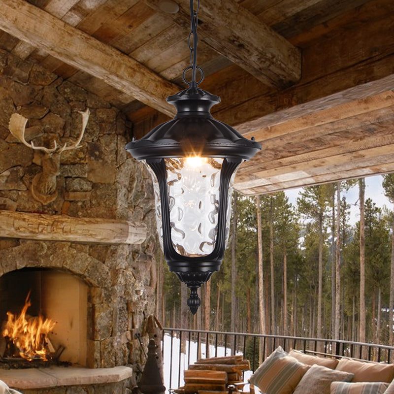 Urn Shade Patio Pendant Light Farmhouse Clear Dimple Glass 1 Head Black/Bronze Finish Ceiling Hang Fixture Black Clearhalo 'Ceiling Lights' 'Glass shade' 'Glass' 'Pendant Lights' 'Pendants' Lighting' 817536