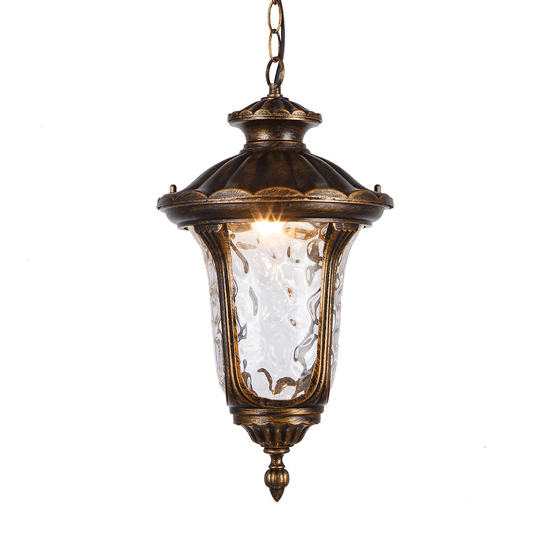 Urn Shade Patio Pendant Light Farmhouse Clear Dimple Glass 1 Head Black/Bronze Finish Ceiling Hang Fixture Clearhalo 'Ceiling Lights' 'Glass shade' 'Glass' 'Pendant Lights' 'Pendants' Lighting' 817542