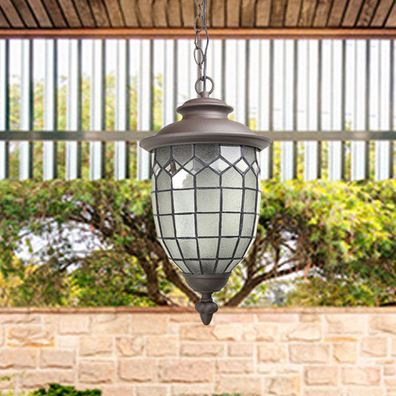 Coffee Dome Shade Ceiling Pendant Rustic Style Frosted Glass 1-Light Outdoor Hanging Light Kit with Grid Design Clearhalo 'Ceiling Lights' 'Glass shade' 'Glass' 'Pendant Lights' 'Pendants' Lighting' 817545
