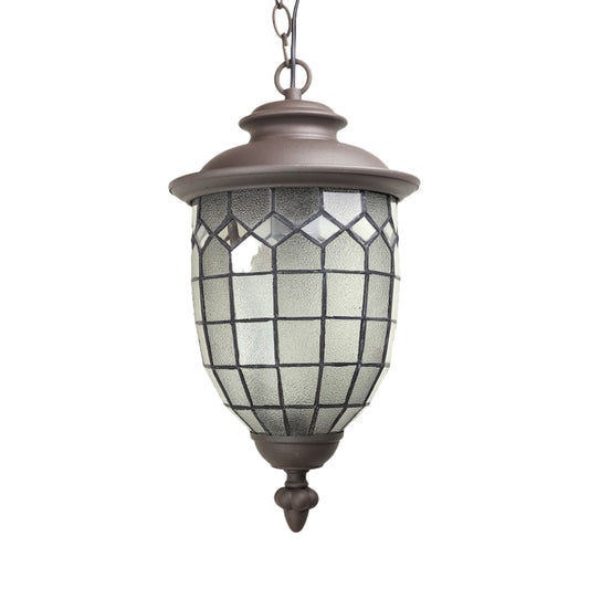 Coffee Dome Shade Ceiling Pendant Rustic Style Frosted Glass 1-Light Outdoor Hanging Light Kit with Grid Design Clearhalo 'Ceiling Lights' 'Glass shade' 'Glass' 'Pendant Lights' 'Pendants' Lighting' 817546