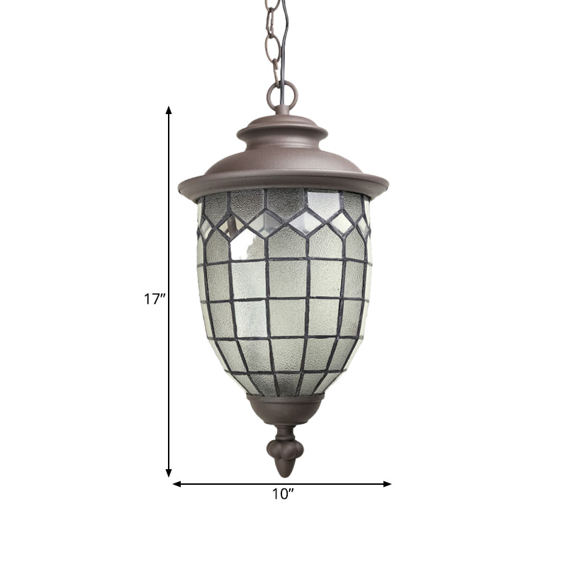 Coffee Dome Shade Ceiling Pendant Rustic Style Frosted Glass 1-Light Outdoor Hanging Light Kit with Grid Design Clearhalo 'Ceiling Lights' 'Glass shade' 'Glass' 'Pendant Lights' 'Pendants' Lighting' 817547