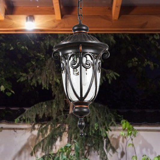 1 Bulb Urn Shade Pendant Lamp Traditional Black Finish Clear Seeded Glass Hanging Ceiling Light Black Clearhalo 'Ceiling Lights' 'Glass shade' 'Glass' 'Pendant Lights' 'Pendants' Lighting' 817556