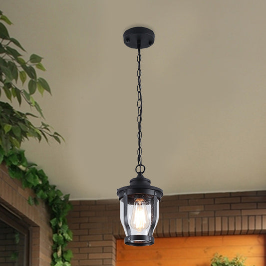 1 Bulb Lantern Shape Pendant Light Kit Rustic Textured Black Finish Clear Glass Ceiling Lamp for Balcony Clearhalo 'Ceiling Lights' 'Glass shade' 'Glass' 'Pendant Lights' 'Pendants' Lighting' 817597
