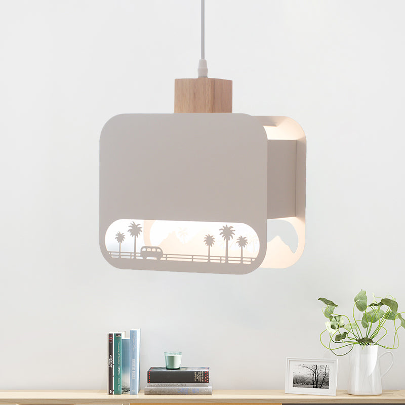 1 Bulb Kid Bedroom Hanging Light Kit Nordic White and Wood Pendant Lamp with Etched Square Iron Shade Clearhalo 'Ceiling Lights' 'Pendant Lights' 'Pendants' Lighting' 817608