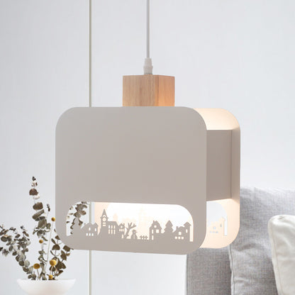 1 Bulb Kid Bedroom Hanging Light Kit Nordic White and Wood Pendant Lamp with Etched Square Iron Shade White C Clearhalo 'Ceiling Lights' 'Pendant Lights' 'Pendants' Lighting' 817612_a4244d41-15f6-4fab-93c5-717e23105d98
