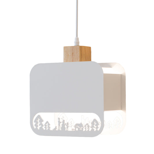 1 Bulb Kid Bedroom Hanging Light Kit Nordic White and Wood Pendant Lamp with Etched Square Iron Shade Clearhalo 'Ceiling Lights' 'Pendant Lights' 'Pendants' Lighting' 817626