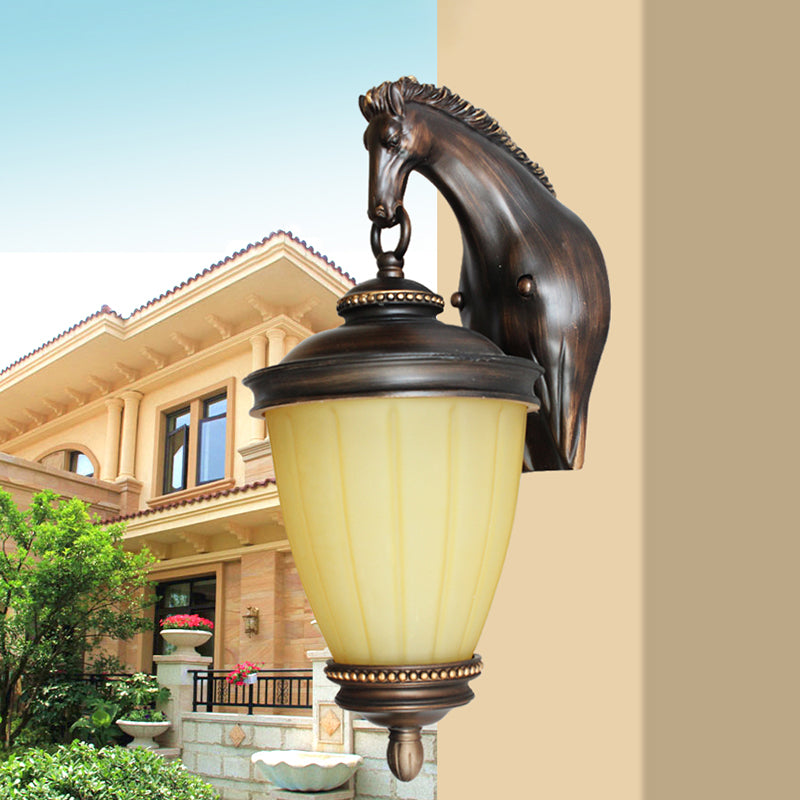 Yellow Glass Urn Wall Light Rural 1 Bulb Outdoor Wall Sconce in Dark Coffee with Resin Horse Backplate Dark Coffee Clearhalo 'Wall Lamps & Sconces' 'Wall Lights' Lighting' 817934