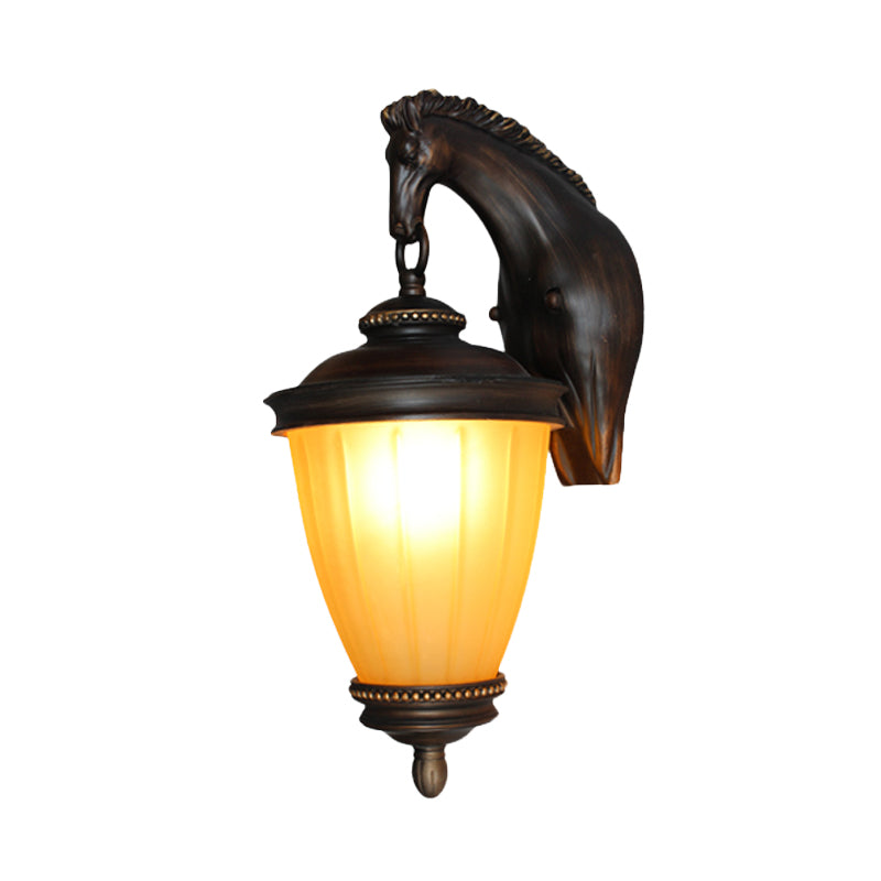 Yellow Glass Urn Wall Light Rural 1 Bulb Outdoor Wall Sconce in Dark Coffee with Resin Horse Backplate Clearhalo 'Wall Lamps & Sconces' 'Wall Lights' Lighting' 817936