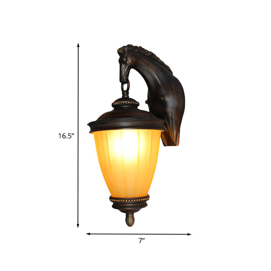 Yellow Glass Urn Wall Light Rural 1 Bulb Outdoor Wall Sconce in Dark Coffee with Resin Horse Backplate Clearhalo 'Wall Lamps & Sconces' 'Wall Lights' Lighting' 817937