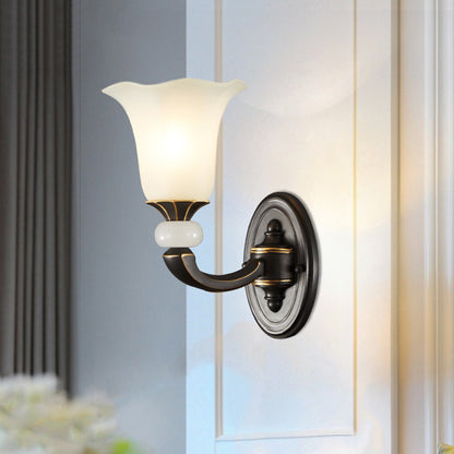 Antiqued Flower Up Wall Light Fixture 1/2-Light Frosted Glass Wall Mounted Lamp in Black and Gold 1.0 Black-Gold Clearhalo 'Wall Lamps & Sconces' 'Wall Lights' Lighting' 818170