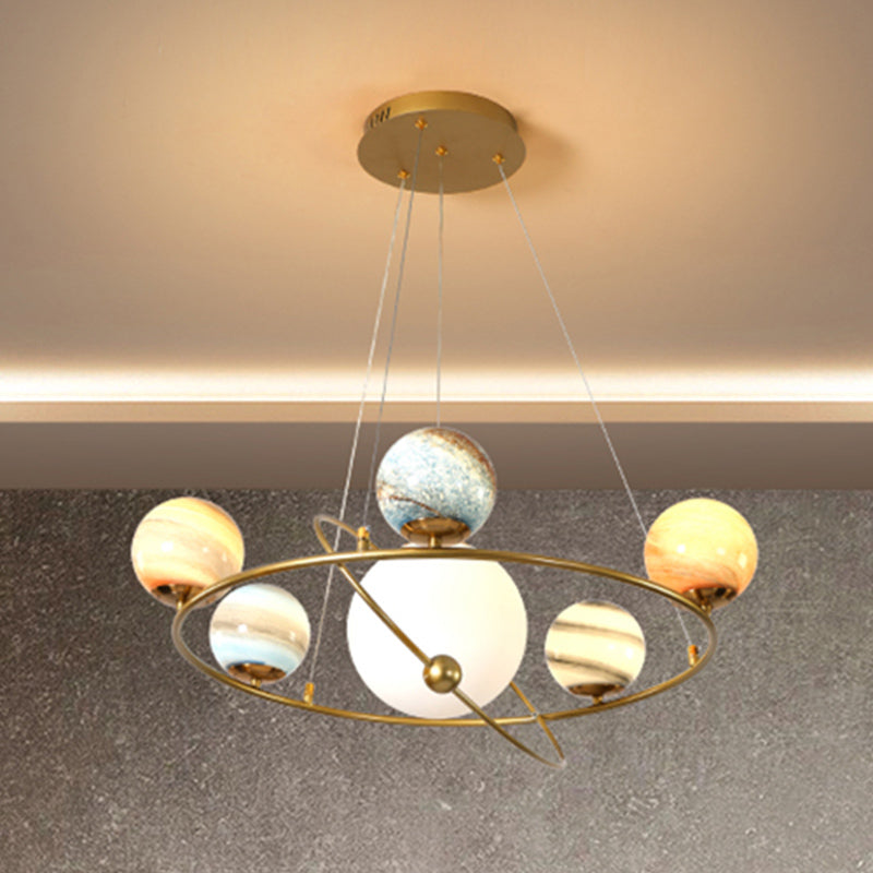 Kids Solar System Ceiling Pendant Light Stained Glass 4/6-Head Bedroom Chandelier Lighting in Gold 6 Gold Clearhalo 'Ceiling Lights' 'Chandeliers' Lighting' options 818553_d6d469e8-9779-4382-9b8e-7dd0b5f9803f