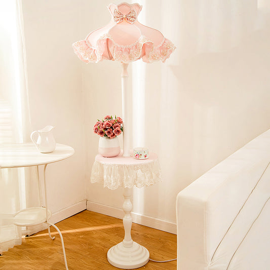 Lace-Trim Dress Fabric Floor Light Nordic 1 Bulb Pink Stand Up Lamp with White Wood Table Pink Clearhalo 'Floor Lamps' 'Lamps' Lighting' 818700