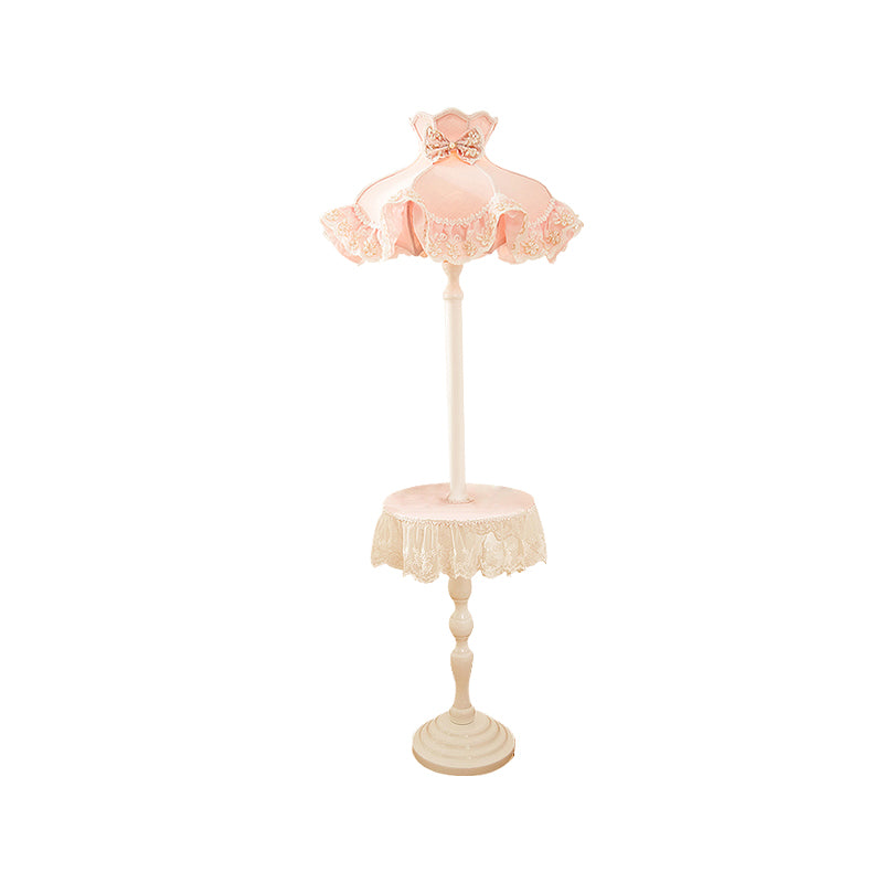 Lace-Trim Dress Fabric Floor Light Nordic 1 Bulb Pink Stand Up Lamp with White Wood Table Clearhalo 'Floor Lamps' 'Lamps' Lighting' 818702