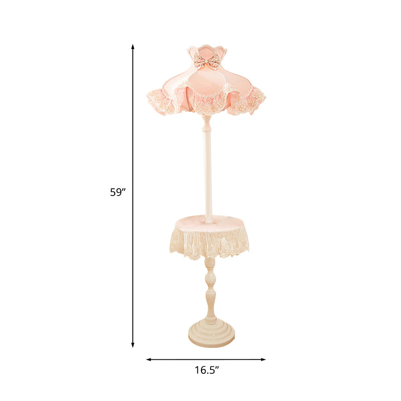 Lace-Trim Dress Fabric Floor Light Nordic 1 Bulb Pink Stand Up Lamp with White Wood Table Clearhalo 'Floor Lamps' 'Lamps' Lighting' 818703