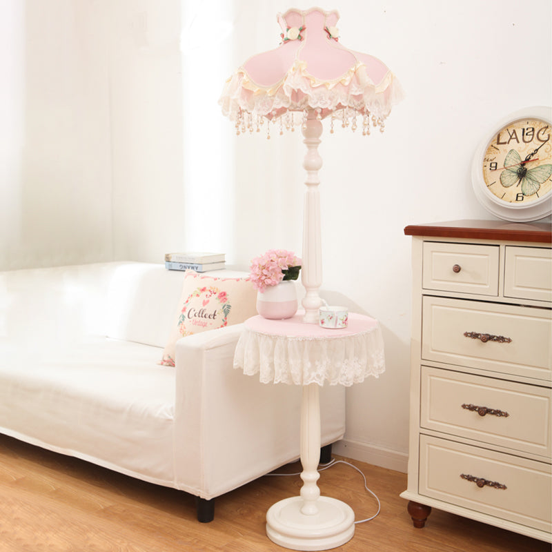 Fringe Dress Girl's Bedroom Floor Lamp Fabric 1-Light Kids Style Standing Light with Table in Pink-White Pink Clearhalo 'Floor Lamps' 'Lamps' Lighting' 818704
