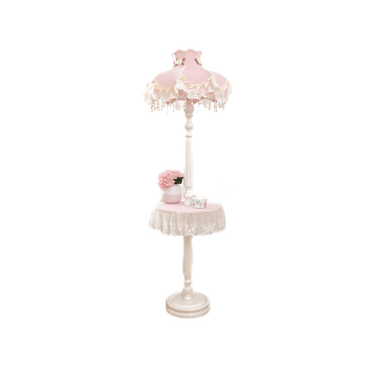 Fringe Dress Girl's Bedroom Floor Lamp Fabric 1-Light Kids Style Standing Light with Table in Pink-White Clearhalo 'Floor Lamps' 'Lamps' Lighting' 818705