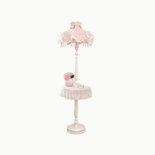 Fringe Dress Girl's Bedroom Floor Lamp Fabric 1-Light Kids Style Standing Light with Table in Pink-White Clearhalo 'Floor Lamps' 'Lamps' Lighting' 818706