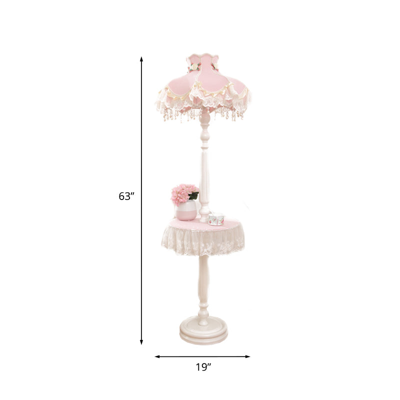 Fringe Dress Girl's Bedroom Floor Lamp Fabric 1-Light Kids Style Standing Light with Table in Pink-White Clearhalo 'Floor Lamps' 'Lamps' Lighting' 818707