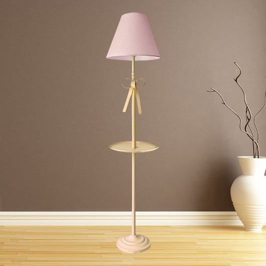 Pink/Yellow Conical Standing Floor Light Kids Style 1 Bulb Pleated Fabric Stand Up Lamp with Table Pink Clearhalo 'Floor Lamps' 'Lamps' Lighting' 818758