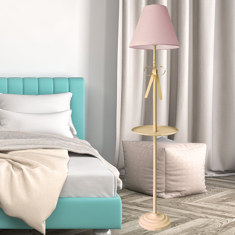 Pink/Yellow Conical Standing Floor Light Kids Style 1 Bulb Pleated Fabric Stand Up Lamp with Table Clearhalo 'Floor Lamps' 'Lamps' Lighting' 818759