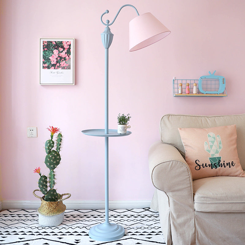 Truncated Cone Shade Floor Lighting Macaron Fabric 1 Bulb Living Room Standing Lamp in Pink/Blue/Yellow with Storage Tray Pink Clearhalo 'Floor Lamps' 'Lamps' Lighting' 818770