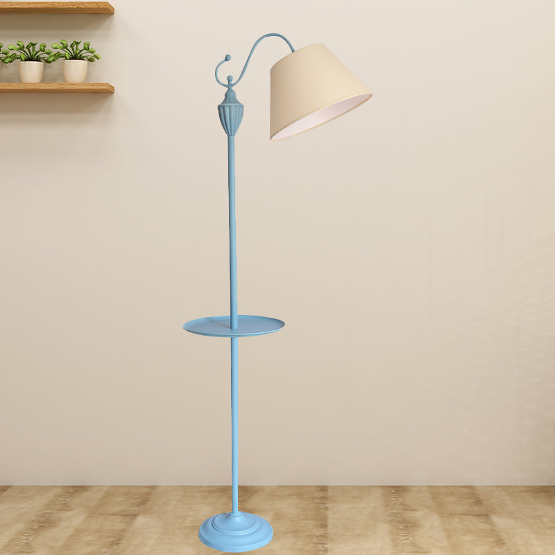 Truncated Cone Shade Floor Lighting Macaron Fabric 1 Bulb Living Room Standing Lamp in Pink/Blue/Yellow with Storage Tray Yellow Clearhalo 'Floor Lamps' 'Lamps' Lighting' 818774