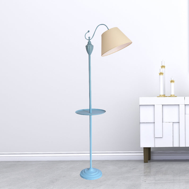 Truncated Cone Shade Floor Lighting Macaron Fabric 1 Bulb Living Room Standing Lamp in Pink/Blue/Yellow with Storage Tray Clearhalo 'Floor Lamps' 'Lamps' Lighting' 818776