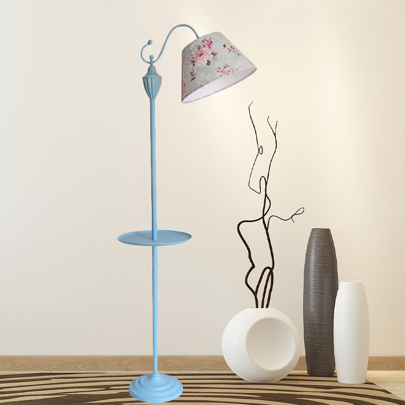Truncated Cone Shade Floor Lighting Macaron Fabric 1 Bulb Living Room Standing Lamp in Pink/Blue/Yellow with Storage Tray Green Clearhalo 'Floor Lamps' 'Lamps' Lighting' 818778