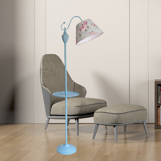 Truncated Cone Shade Floor Lighting Macaron Fabric 1 Bulb Living Room Standing Lamp in Pink/Blue/Yellow with Storage Tray Clearhalo 'Floor Lamps' 'Lamps' Lighting' 818779