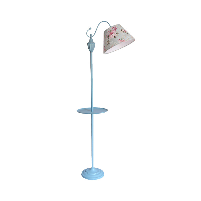 Truncated Cone Shade Floor Lighting Macaron Fabric 1 Bulb Living Room Standing Lamp in Pink/Blue/Yellow with Storage Tray Clearhalo 'Floor Lamps' 'Lamps' Lighting' 818781