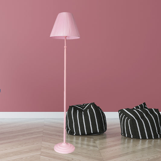 Macaron Straight Rod Iron Floor Light 1-Light Standing Floor Lamp in Pink/Green with Pink/Yellow Pleated Shade Pink Pink Clearhalo 'Floor Lamps' 'Lamps' Lighting' 818808
