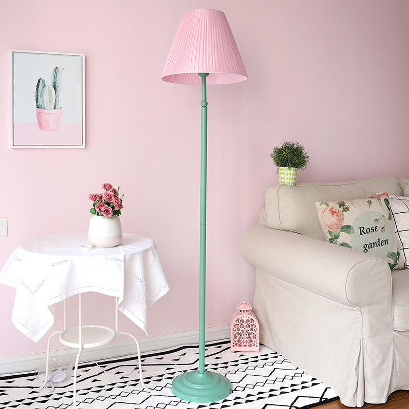 Macaron Straight Rod Iron Floor Light 1-Light Standing Floor Lamp in Pink/Green with Pink/Yellow Pleated Shade Green Pink Clearhalo 'Floor Lamps' 'Lamps' Lighting' 818816