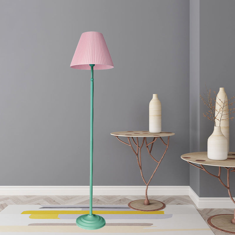 Macaron Straight Rod Iron Floor Light 1-Light Standing Floor Lamp in Pink/Green with Pink/Yellow Pleated Shade Clearhalo 'Floor Lamps' 'Lamps' Lighting' 818817