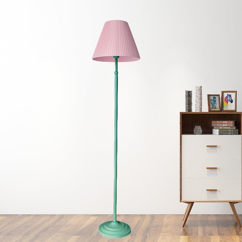 Macaron Straight Rod Iron Floor Light 1-Light Standing Floor Lamp in Pink/Green with Pink/Yellow Pleated Shade Clearhalo 'Floor Lamps' 'Lamps' Lighting' 818818